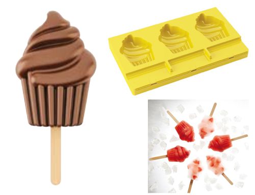 @ Silikon-Matte | -Form für 3 Eis am Stiel | Stieleis 'Cupcake | Muffin' (20x12m)